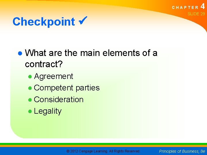 CHAPTER Checkpoint 4 SLIDE 29 ● What are the main elements of a contract?