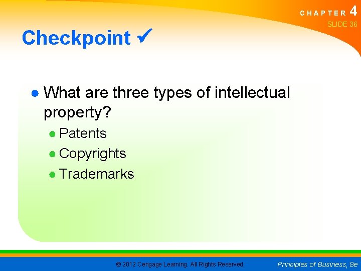 CHAPTER 4 SLIDE 36 Checkpoint ● What are three types of intellectual property? ●