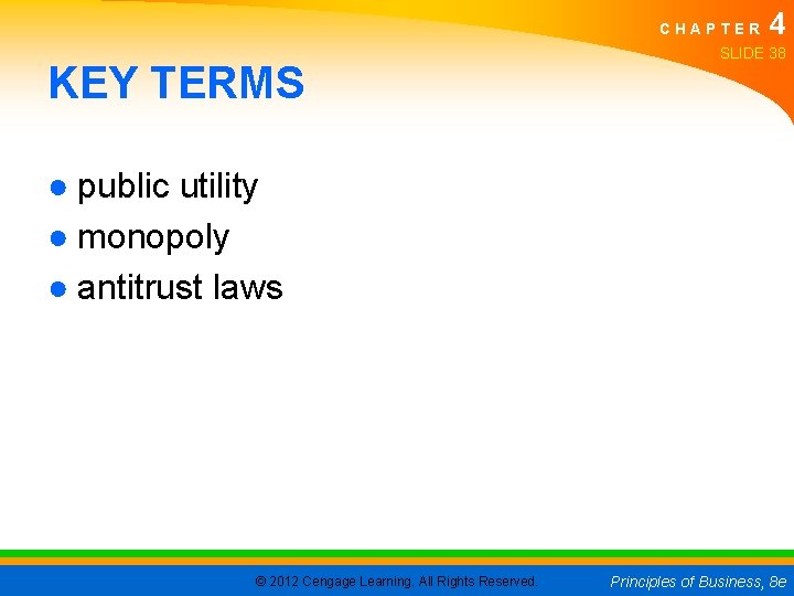 CHAPTER KEY TERMS 4 SLIDE 38 ● public utility ● monopoly ● antitrust laws