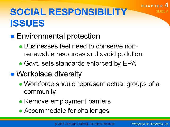 SOCIAL RESPONSIBILITY ISSUES CHAPTER 4 SLIDE 4 ● Environmental protection ● Businesses feel need