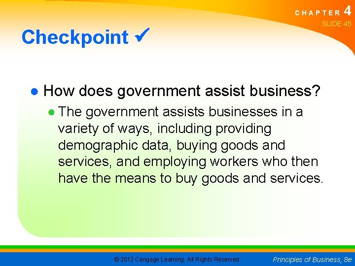 CHAPTER 4 SLIDE 45 Checkpoint ● How does government assist business? ● The government