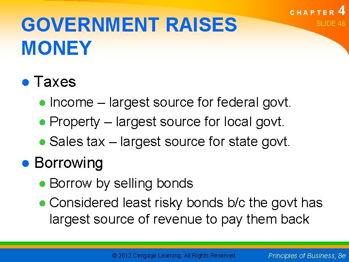 GOVERNMENT RAISES MONEY CHAPTER 4 SLIDE 46 ● Taxes ● Income – largest source