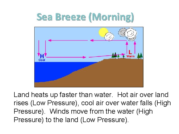 Sea Breeze (Morning) Land heats up faster than water. Hot air over land rises