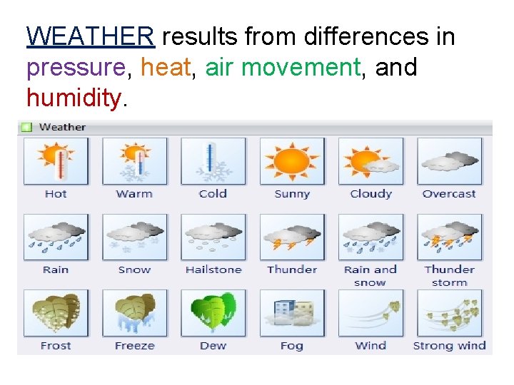 WEATHER results from differences in pressure, heat, air movement, and humidity. 