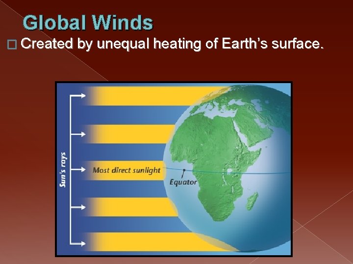 Global Winds � Created by unequal heating of Earth’s surface. 