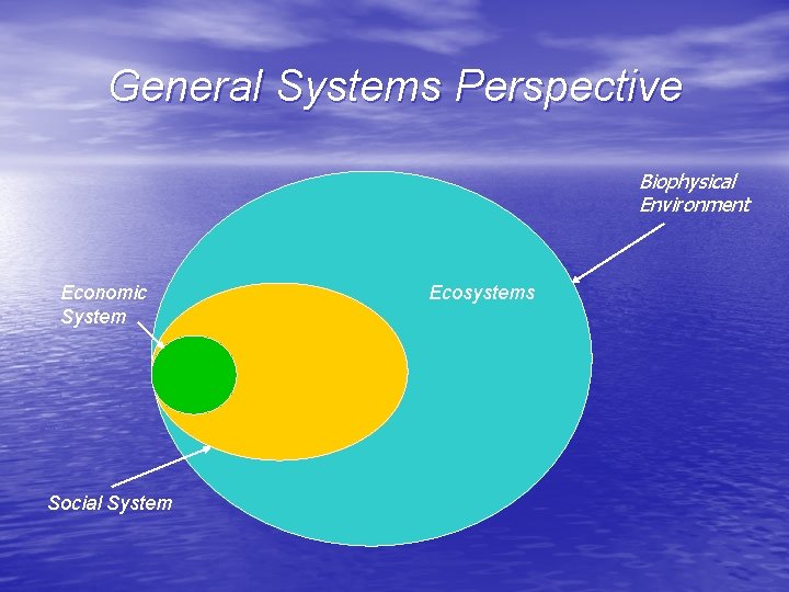 General Systems Perspective Biophysical Environment Economic System Social System Ecosystems 