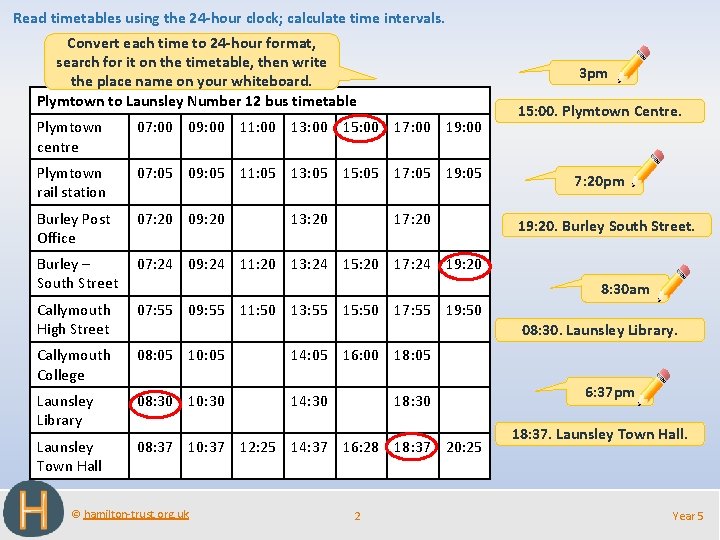 Read timetables using the 24 -hour clock; calculate time intervals. Convert each time to