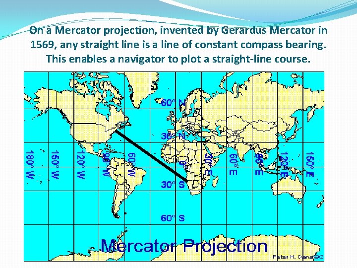 On a Mercator projection, invented by Gerardus Mercator in 1569, any straight line is