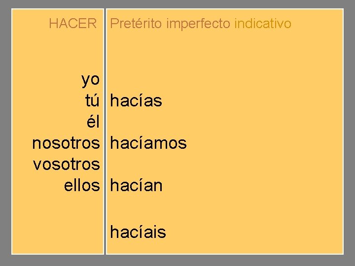 HACER Pretérito imperfecto indicativo yo tú él nosotros vosotros ellos hacíamos hacíais hacían hacíais