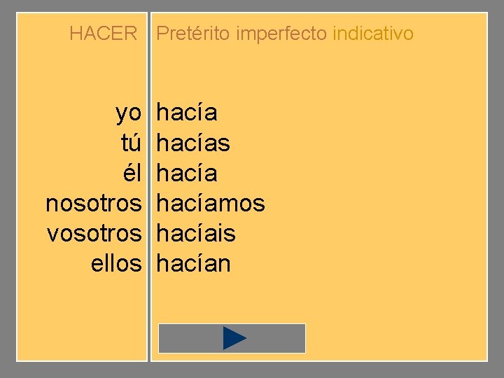 HACER Pretérito imperfecto indicativo yo tú él nosotros vosotros ellos hacíamos hacíais hacían 