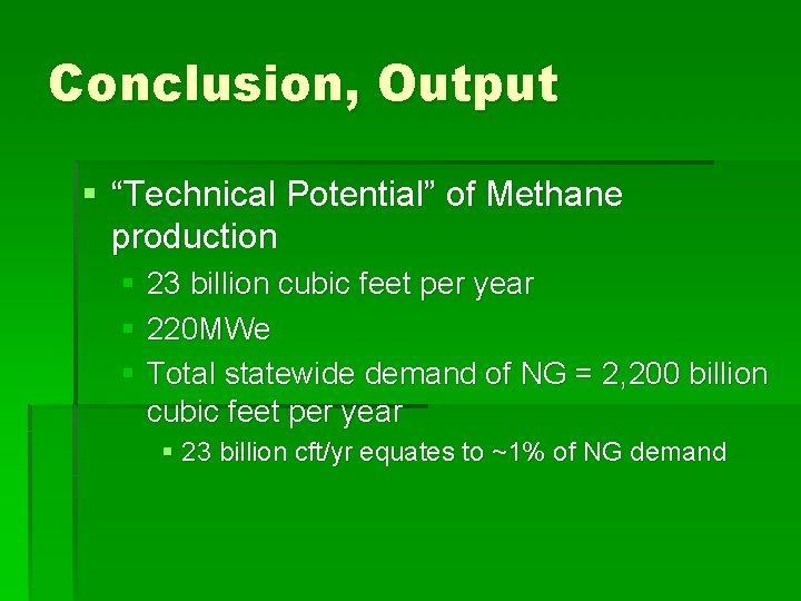 Conclusion, Output § “Technical Potential” of Methane production § 23 billion cubic feet per