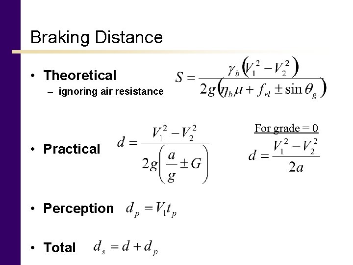 Braking Distance • Theoretical – ignoring air resistance For grade = 0 • Practical