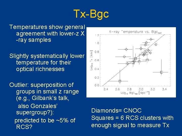 Tx-Bgc Temperatures show general agreement with lower-z X -ray samples Slightly systematically lower temperature