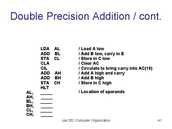 Double Precision Addition / cont. AL, AH, BL, BH, CL, CH, LDA AL ADD