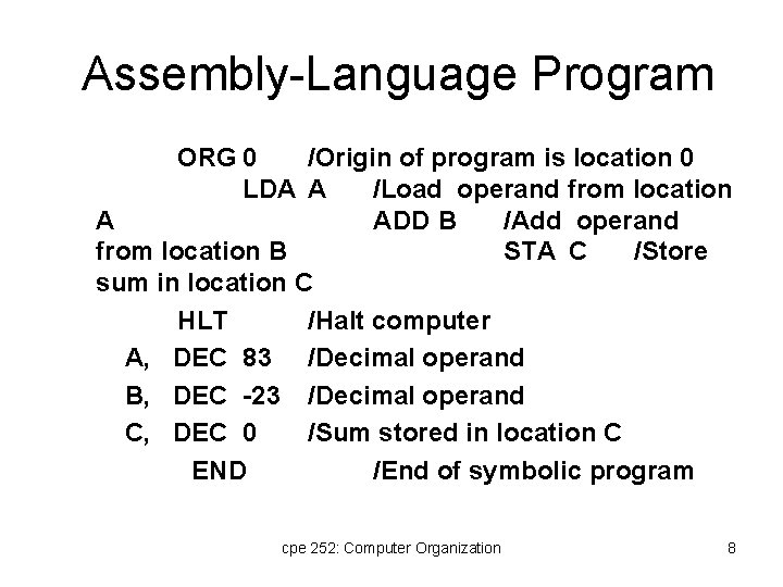 Assembly-Language Program ORG 0 /Origin of program is location 0 LDA A /Load operand