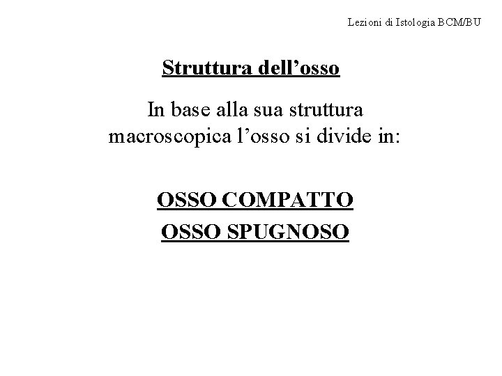 Lezioni di Istologia BCM/BU Struttura dell’osso In base alla sua struttura macroscopica l’osso si