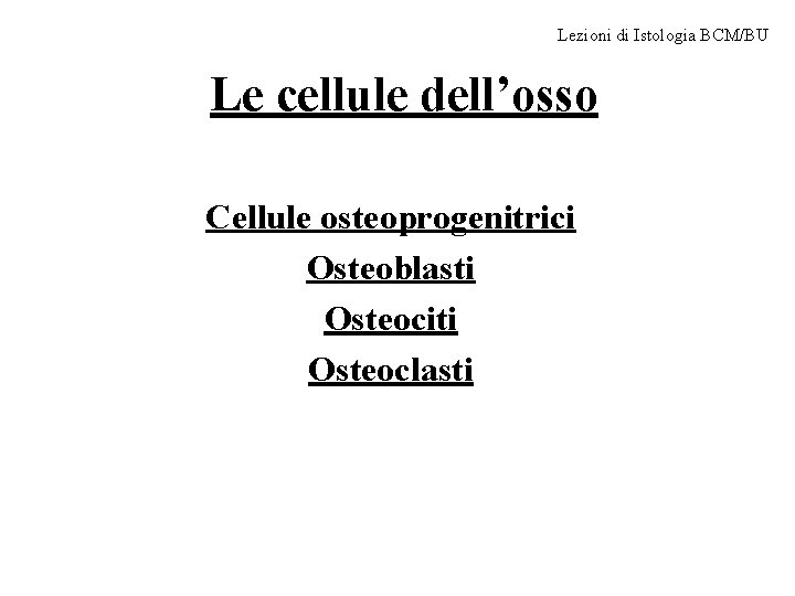 Lezioni di Istologia BCM/BU Le cellule dell’osso Cellule osteoprogenitrici Osteoblasti Osteociti Osteoclasti 