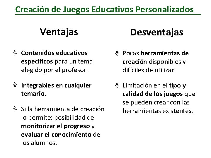 Creación de Juegos Educativos Personalizados Ventajas Desventajas C Contenidos educativos específicos para un tema