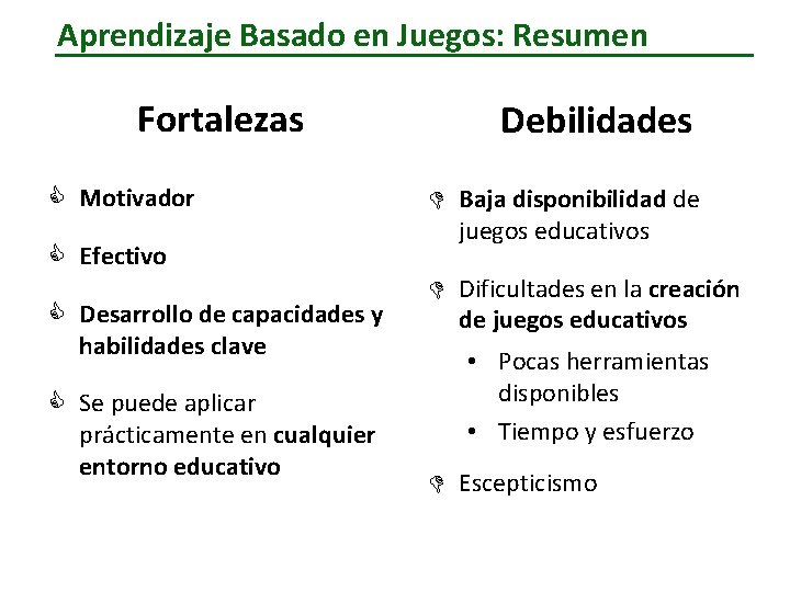 Aprendizaje Basado en Juegos: Resumen Fortalezas C Motivador C Efectivo C Desarrollo de capacidades Aprendizaje Basado en Juegos: Resumen Fortalezas C Motivador C Efectivo C Desarrollo de capacidades