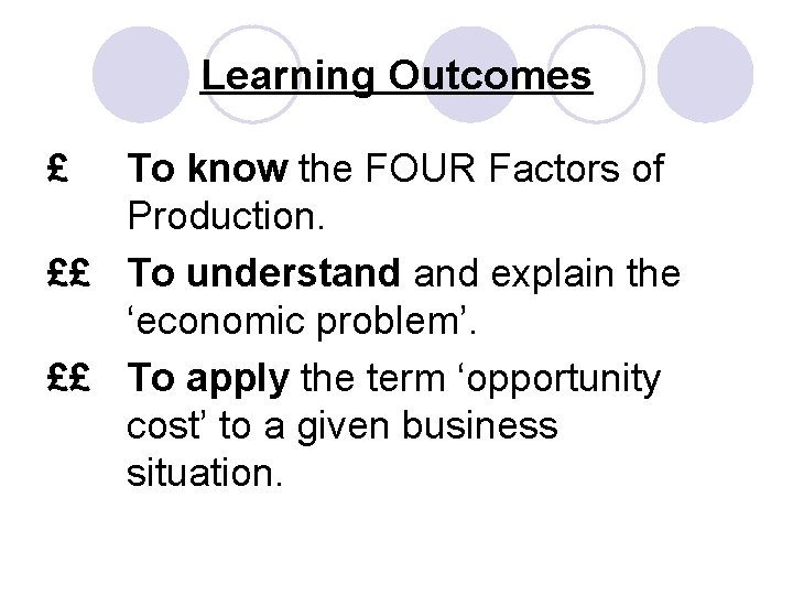 Learning Outcomes £ To know the FOUR Factors of Production. ££ To understand explain