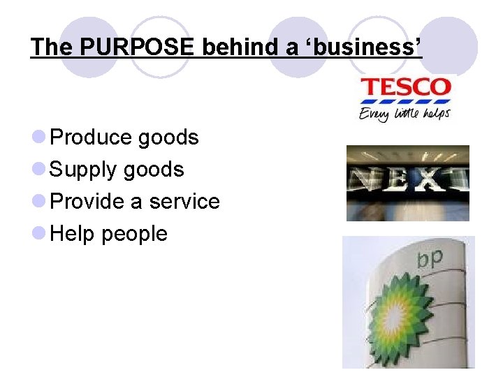 The PURPOSE behind a ‘business’ l Produce goods l Supply goods l Provide a