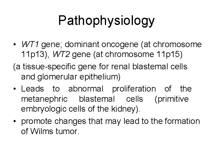 Pathophysiology • WT 1 gene; dominant oncogene (at chromosome 11 p 13), WT 2