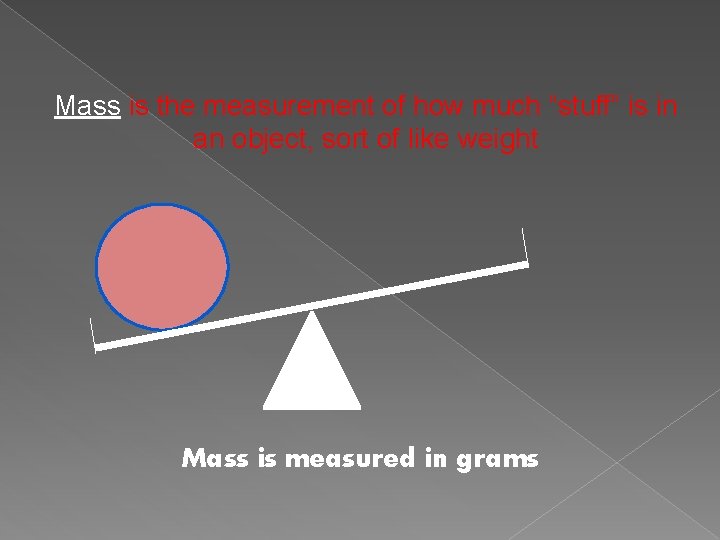 Mass is the measurement of how much “stuff” is in an object, sort of Mass is the measurement of how much “stuff” is in an object, sort of
