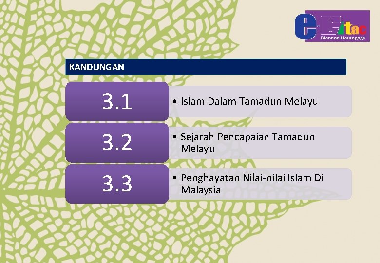 KANDUNGAN 3. 1 • Islam Dalam Tamadun Melayu 3. 2 • Sejarah Pencapaian Tamadun