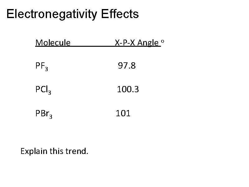 Electronegativity Effects Molecule X-P-X Angle o PF 3 97. 8 PCl 3 100. 3