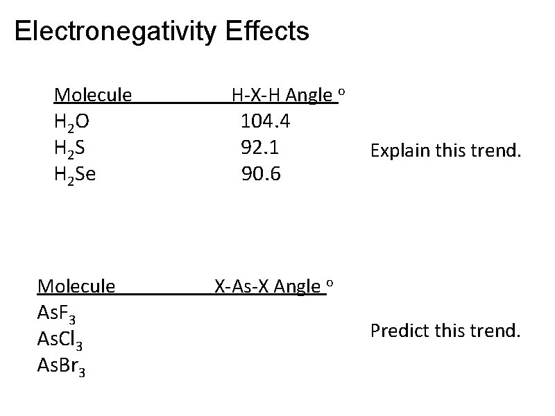 Electronegativity Effects Molecule H 2 O H 2 S H 2 Se Molecule As.