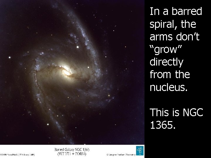 In a barred spiral, the arms don’t “grow” directly from the nucleus. This is In a barred spiral, the arms don’t “grow” directly from the nucleus. This is
