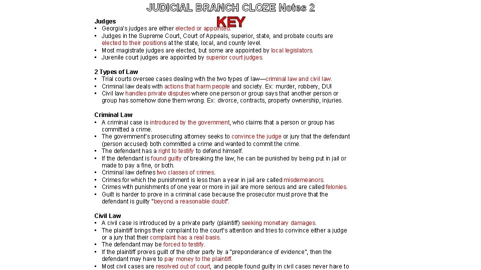 JUDICIAL BRANCH CLOZE Notes 1 KEY Judicial Branch