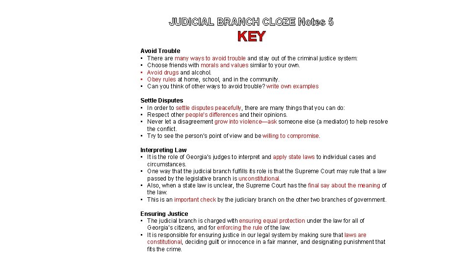 JUDICIAL BRANCH CLOZE Notes 1 KEY Judicial Branch