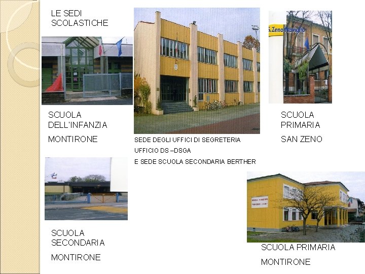 LE SEDI SCOLASTICHE SCUOLA DELL’INFANZIA MONTIRONE SCUOLA PRIMARIA SEDE DEGLI UFFICI DI SEGRETERIA SAN