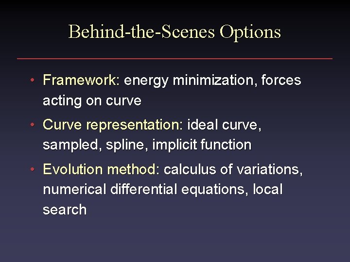 Behind-the-Scenes Options • Framework: energy minimization, forces acting on curve • Curve representation: ideal Behind-the-Scenes Options • Framework: energy minimization, forces acting on curve • Curve representation: ideal