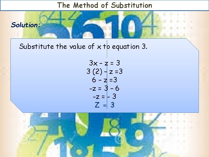 The Method of Substitution Solution: Substitute the value of x to equation 3. 3 The Method of Substitution Solution: Substitute the value of x to equation 3. 3
