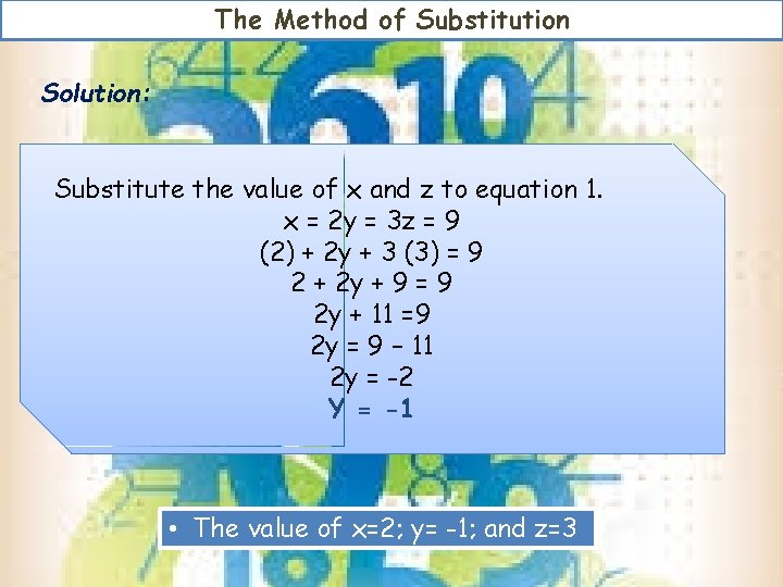 The Method of Substitution Solution: Substitute the value of x and z to equation The Method of Substitution Solution: Substitute the value of x and z to equation