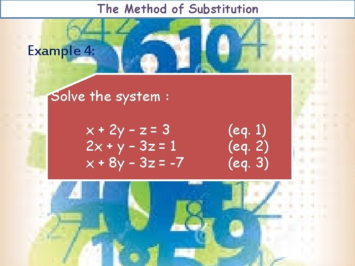 The Method of Substitution Example 4: Solve the system : x + 2 y The Method of Substitution Example 4: Solve the system : x + 2 y