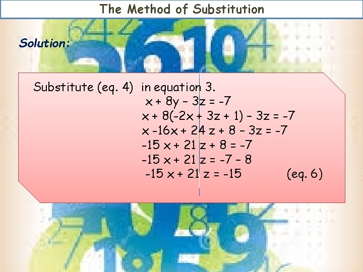 The Method of Substitution Solution: Substitute (eq. 4) in equation 3. x + 8 The Method of Substitution Solution: Substitute (eq. 4) in equation 3. x + 8