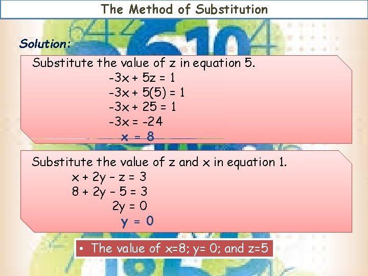 The Method of Substitution Solution: Substitute the value of z in equation 5. -3 The Method of Substitution Solution: Substitute the value of z in equation 5. -3