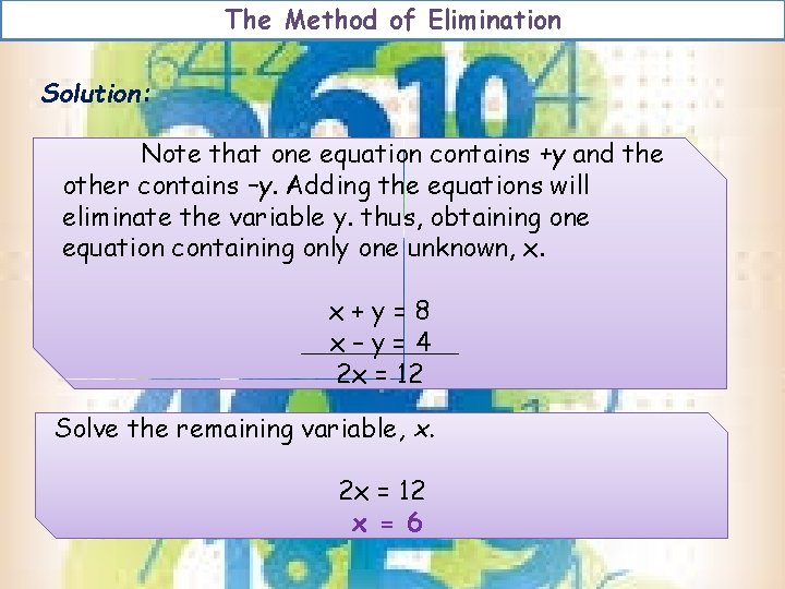 The Method of Elimination Solution: Note that one equation contains +y and the other The Method of Elimination Solution: Note that one equation contains +y and the other
