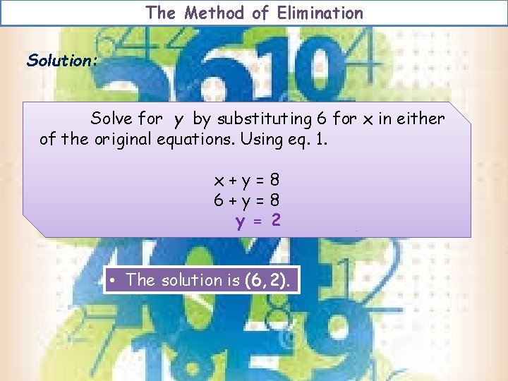 The Method of Elimination Solution: Solve for y by substituting 6 for x in The Method of Elimination Solution: Solve for y by substituting 6 for x in