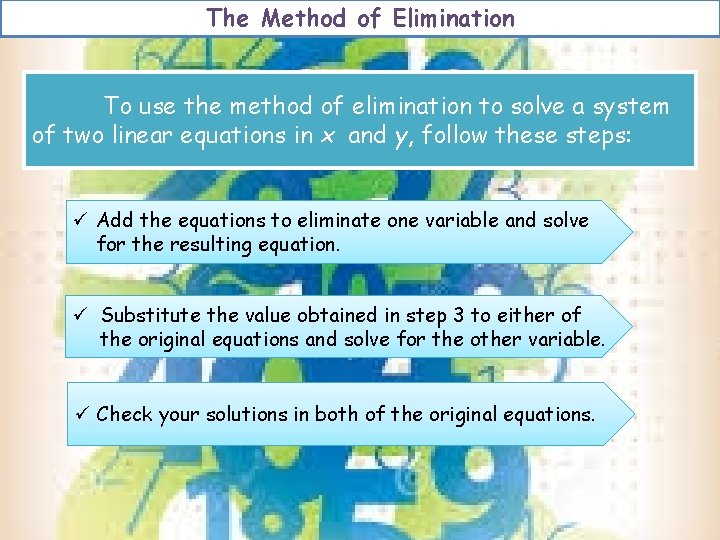 The Method of Elimination To use the method of elimination to solve a system The Method of Elimination To use the method of elimination to solve a system