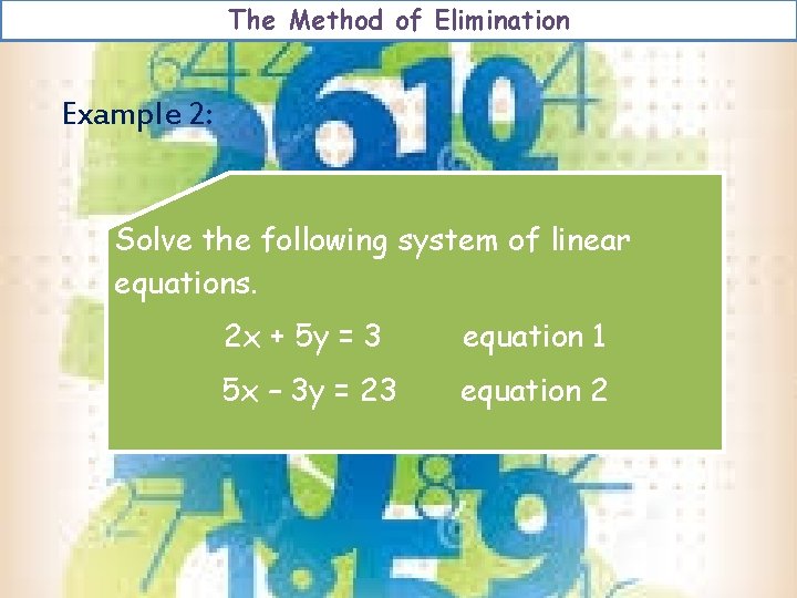 The Method of Elimination Example 2: Solve the following system of linear equations. 2 The Method of Elimination Example 2: Solve the following system of linear equations. 2