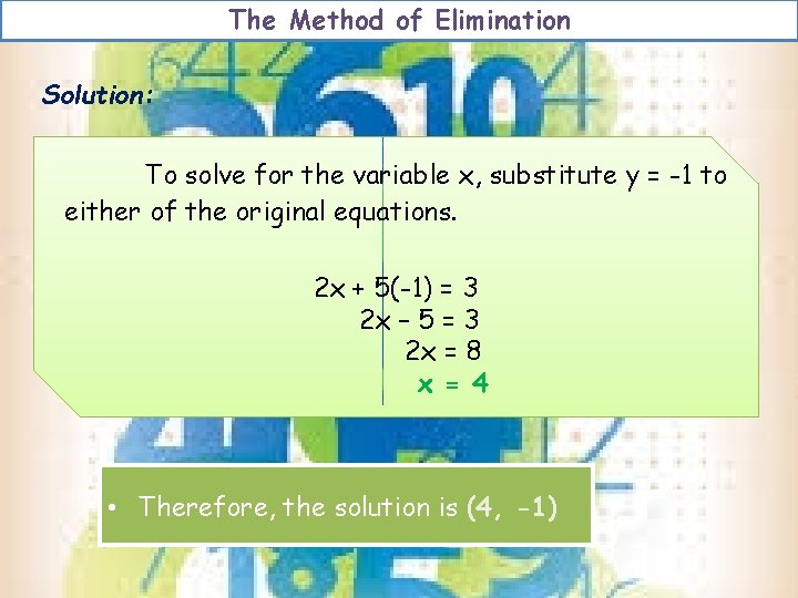 The Method of Elimination Solution: To solve for the variable x, substitute y = The Method of Elimination Solution: To solve for the variable x, substitute y =