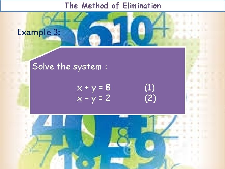 The Method of Elimination Example 3: Solve the system : x+y=8 x–y=2 (1) (2) The Method of Elimination Example 3: Solve the system : x+y=8 x–y=2 (1) (2)