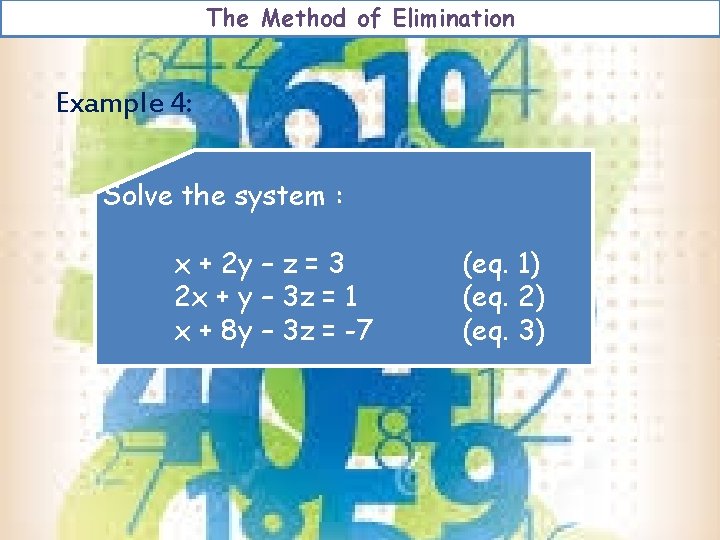 The Method of Elimination Example 4: Solve the system : x + 2 y The Method of Elimination Example 4: Solve the system : x + 2 y