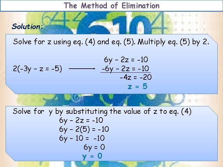The Method of Elimination Solution: Solve for z using eq. (4) and eq. (5). The Method of Elimination Solution: Solve for z using eq. (4) and eq. (5).