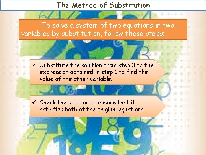 The Method of Substitution To solve a system of two equations in two variables The Method of Substitution To solve a system of two equations in two variables