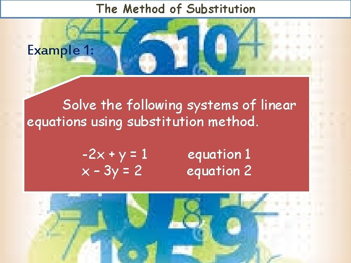 The Method of Substitution Example 1: Solve the following systems of linear equations using The Method of Substitution Example 1: Solve the following systems of linear equations using
